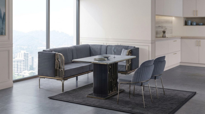 Exclusive Gray Dining Room Set Luxury Stainless Steel Table 2x Textile Chairs