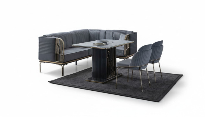 Exclusive Gray Dining Room Set Luxury Stainless Steel Table 2x Textile Chairs