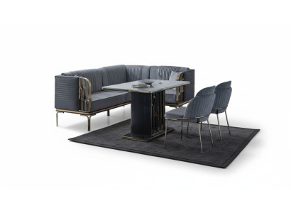 Exclusive Gray Dining Room Set Luxury Stainless Steel Table 2x Textile Chairs