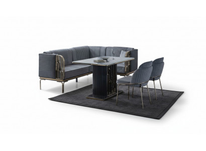 Exclusive Gray Dining Room Set Luxury Stainless Steel Table 2x Textile Chairs