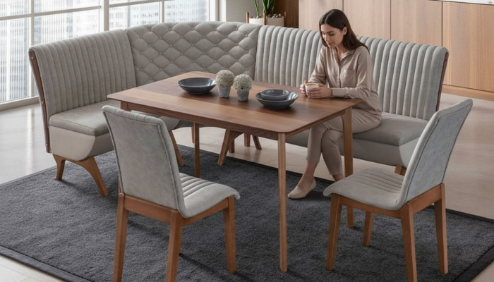 Designer light gray dining set upholstered corner bench 2x chairs dining table