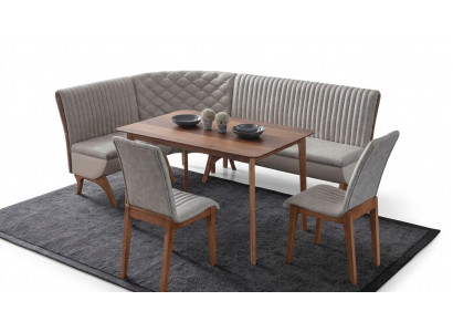 Designer light gray dining set upholstered corner bench 2x chairs dining table
