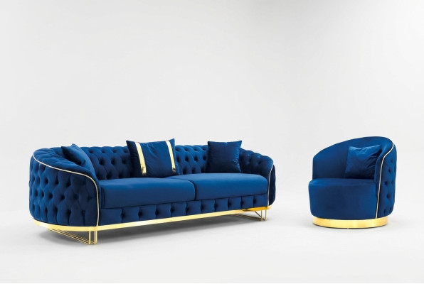 Designer blue color living room set consisting of 3-seater sofa and armchair 2-piece set.