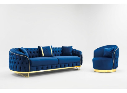 Designer blue color living room set consisting of 3-seater sofa and armchair 2-piece set.