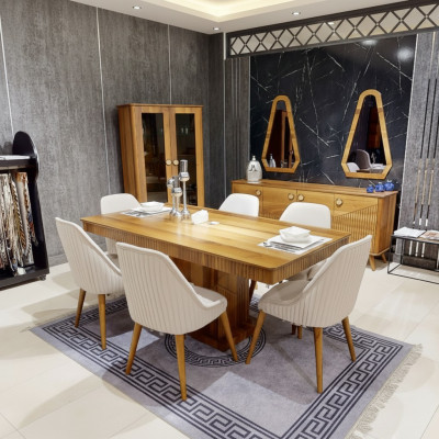 Exclusive light brown dining set wood dining table 6x chairs sideboard