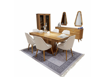 Exclusive light brown dining set wood dining table 6x chairs sideboard
