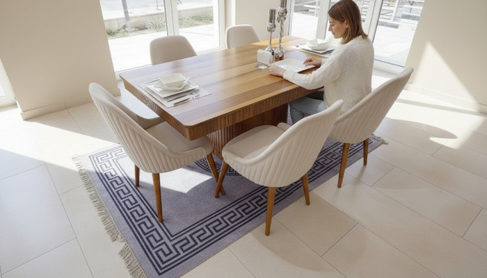 Light brown wooden table designer dining room furniture 6x white upholstered chairs