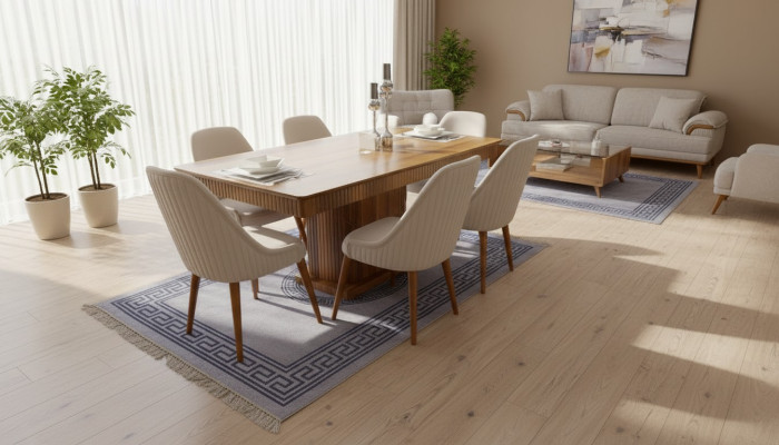 Light brown wooden table designer dining room furniture 6x white upholstered chairs