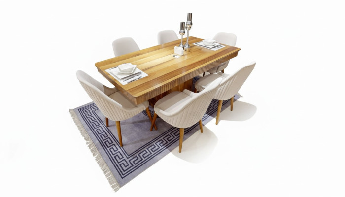 Light brown wooden table designer dining room furniture 6x white upholstered chairs