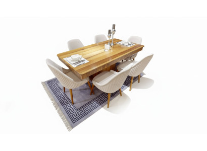 Light brown wooden table designer dining room furniture 6x white upholstered chairs