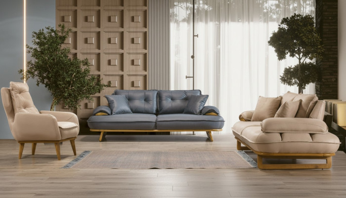 Stylish Gray-Beige Living Room Sofa Set Designer 3+3+1 Seater 3pc Set