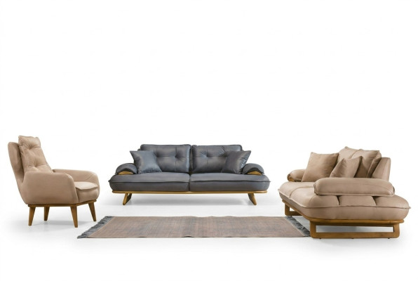 Stylish Gray-Beige Living Room Sofa Set Designer 3+3+1 Seater 3pc Set