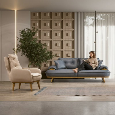 Stylish gray-beige sofa set designer 3-seater luxurious 1-seater