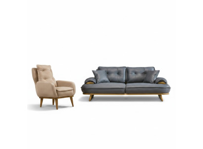 Stylish gray-beige sofa set designer 3-seater luxurious 1-seater