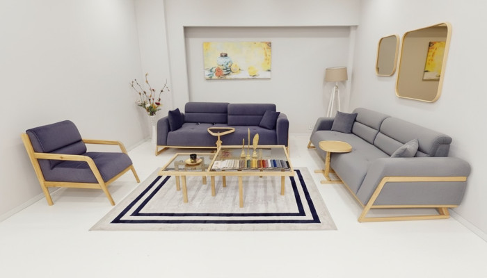 Blue-Grey Seating Set Modern Couches Designer 3-Seater Luxury Armchair