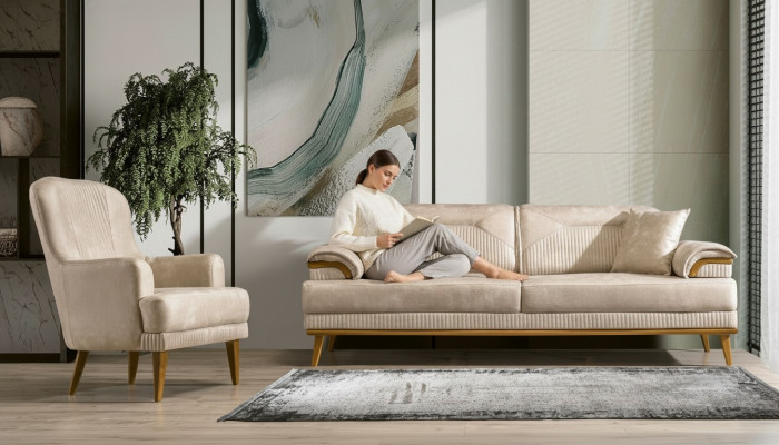 Beige living room seating set designer sofa suite upholstery 3+1 seater