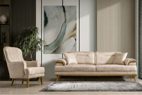Beige living room seating set designer sofa suite upholstery 3+1 seater
