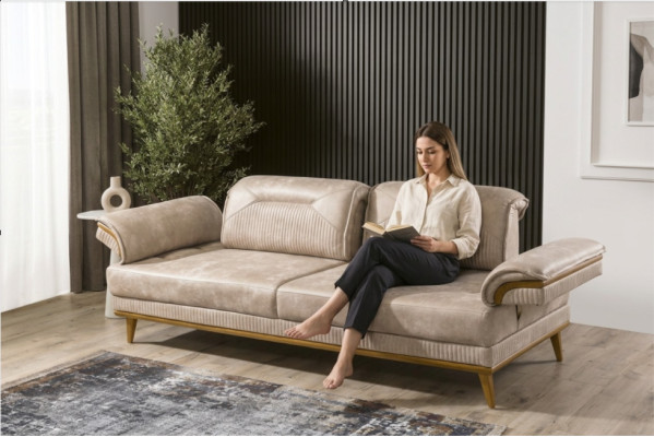 Designer beige 3-seater living room sofa luxurious textile seating furniture