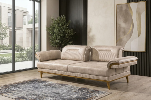 Designer beige 3-seater living room sofa luxurious textile seating furniture