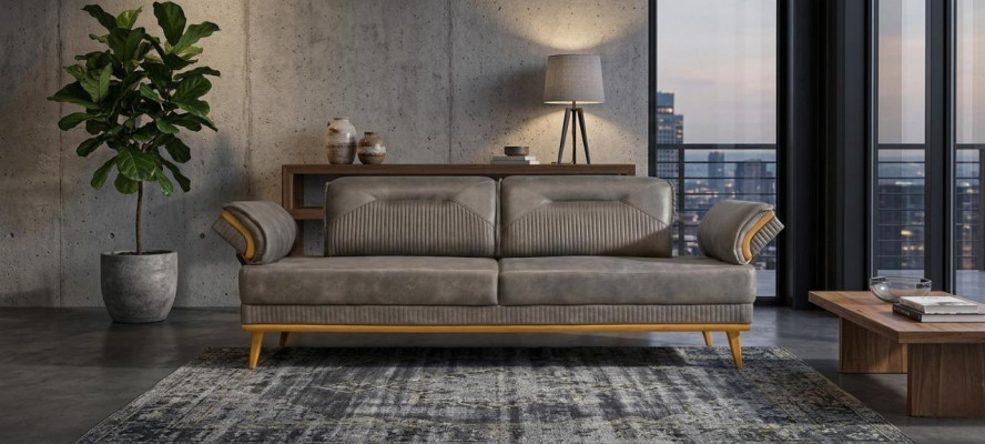 Gray Cushion 3-Seater Living Room Sofa Luxurious Textile Couch