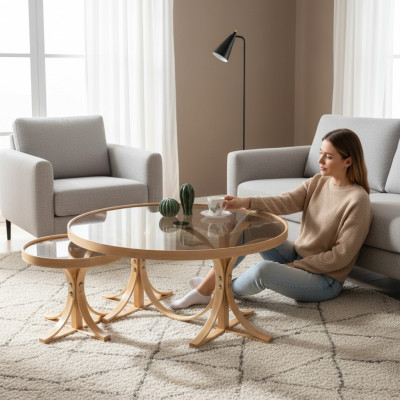 Light brown living room coffee tables designer round sofa tables 2-piece set