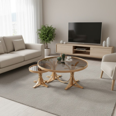 Light brown living room coffee tables designer round sofa tables 2-piece set