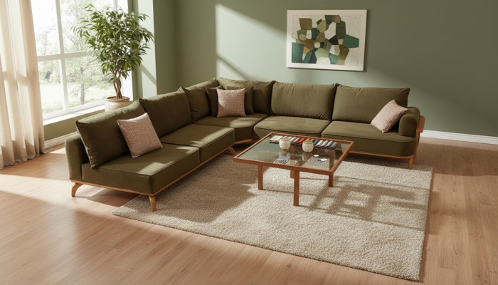 Brown corner sofa luxurious living room L-shape couch designer upholstered furniture