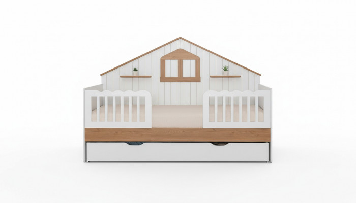 White children's house bed, designer wooden bed, sturdy children's room furniture