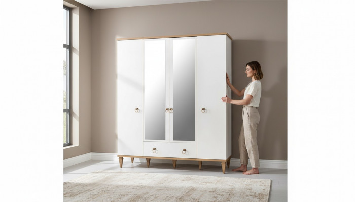 White 4-Door Glass Cabinet Modern Bedroom Wardrobes Wooden Furniture
