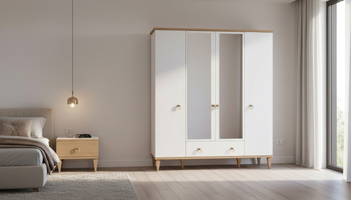 White 4-Door Glass Cabinet Modern Bedroom Wardrobes Wooden Furniture