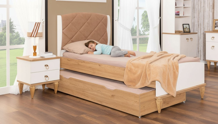 Beige extendable children's bed luxurious bedroom bed wooden furniture