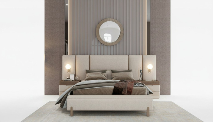 Modern bedroom set consisting of a bed with a bench and 2x nightstands 3-piece new.