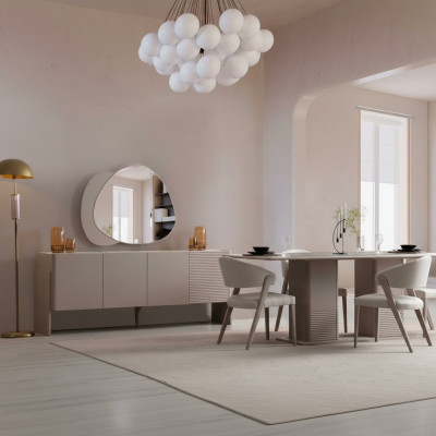 Luxurious Beige Dining Room Set Wood Table 4x Upholstered Chairs Sideboard 6-piece Set
