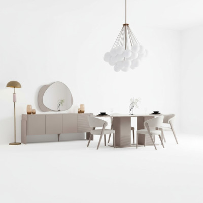 Luxurious Beige Dining Room Set Wood Table 4x Upholstered Chairs Sideboard 6-piece Set