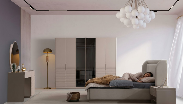 Designer beige bedroom set bed 2x nightstands 5-piece wardrobe