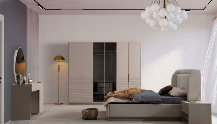 Designer beige bedroom set bed 2x nightstands 5-piece wardrobe