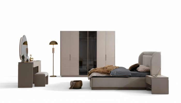 Designer beige bedroom set bed 2x nightstands 5-piece wardrobe