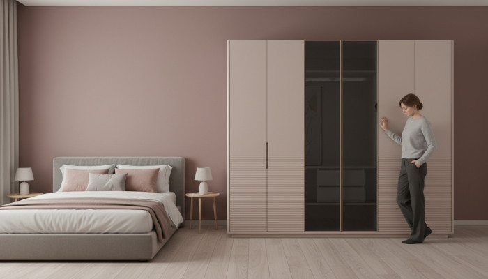 Designer beige glass cabinet modern bedroom wood furniture cabinet