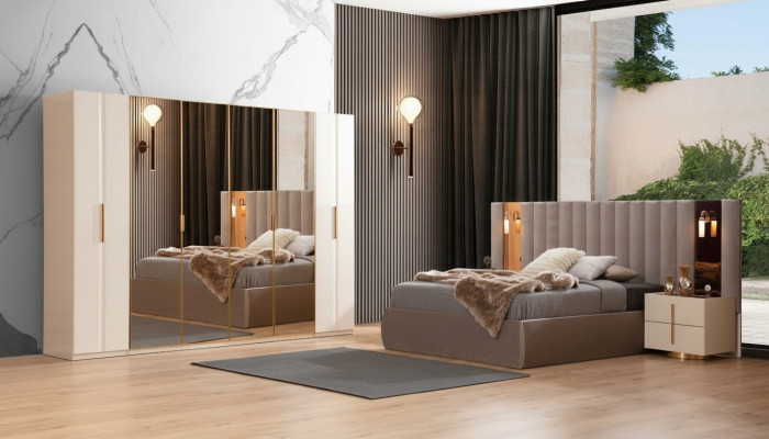 Beige bedroom set designer bed wardrobe 2x nightstands