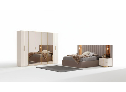 Beige bedroom set designer bed wardrobe 2x nightstands