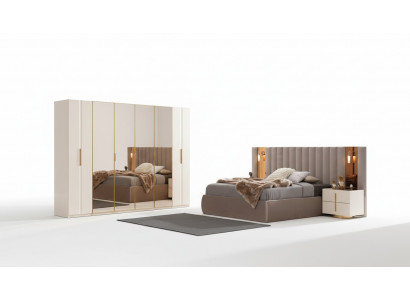 Beige bedroom set designer bed wardrobe 2x nightstands