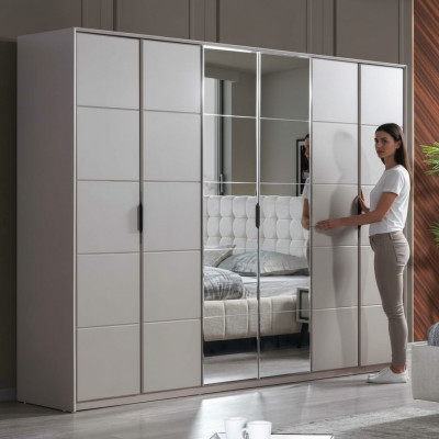 Gray wardrobe, 6-door bedroom wardrobe, luxury glass cabinets.