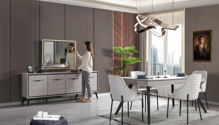 Modern dining room wood furniture luxury sideboard mirror dining table 6x chairs