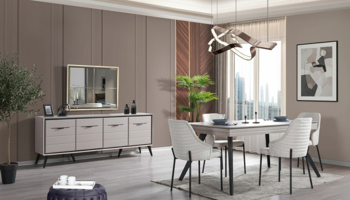 Modern dining room wood furniture luxury sideboard mirror dining table 6x chairs