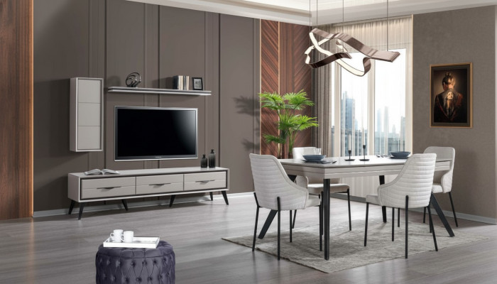 Modern white dining room set: lowboard, 6 chairs, dining table, shelf, 10 pieces.