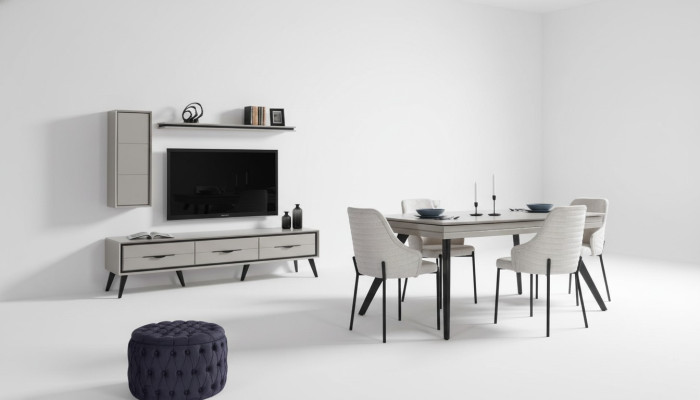 Modern white dining room set: lowboard, 6 chairs, dining table, shelf, 10 pieces.
