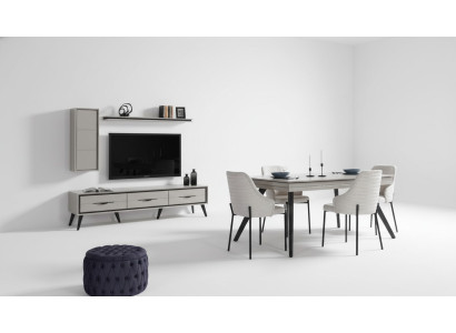 Modern white dining room set: lowboard, 6 chairs, dining table, shelf, 10 pieces.