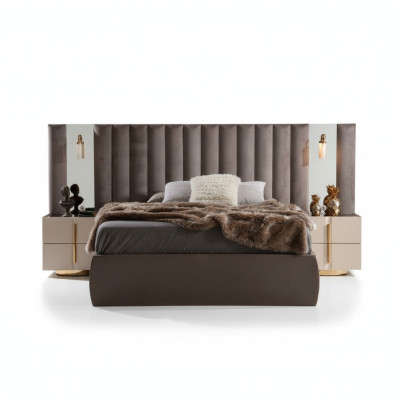 Brown bedroom set designer double bed white 2x nightstands 3-piece set