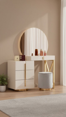 Beige Vanity Table Stainless Steel Furniture Bedroom Stool 2-Piece Set