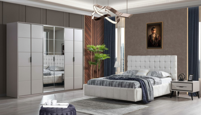 White bedroom set luxury furniture upholstered bed wooden wardrobe